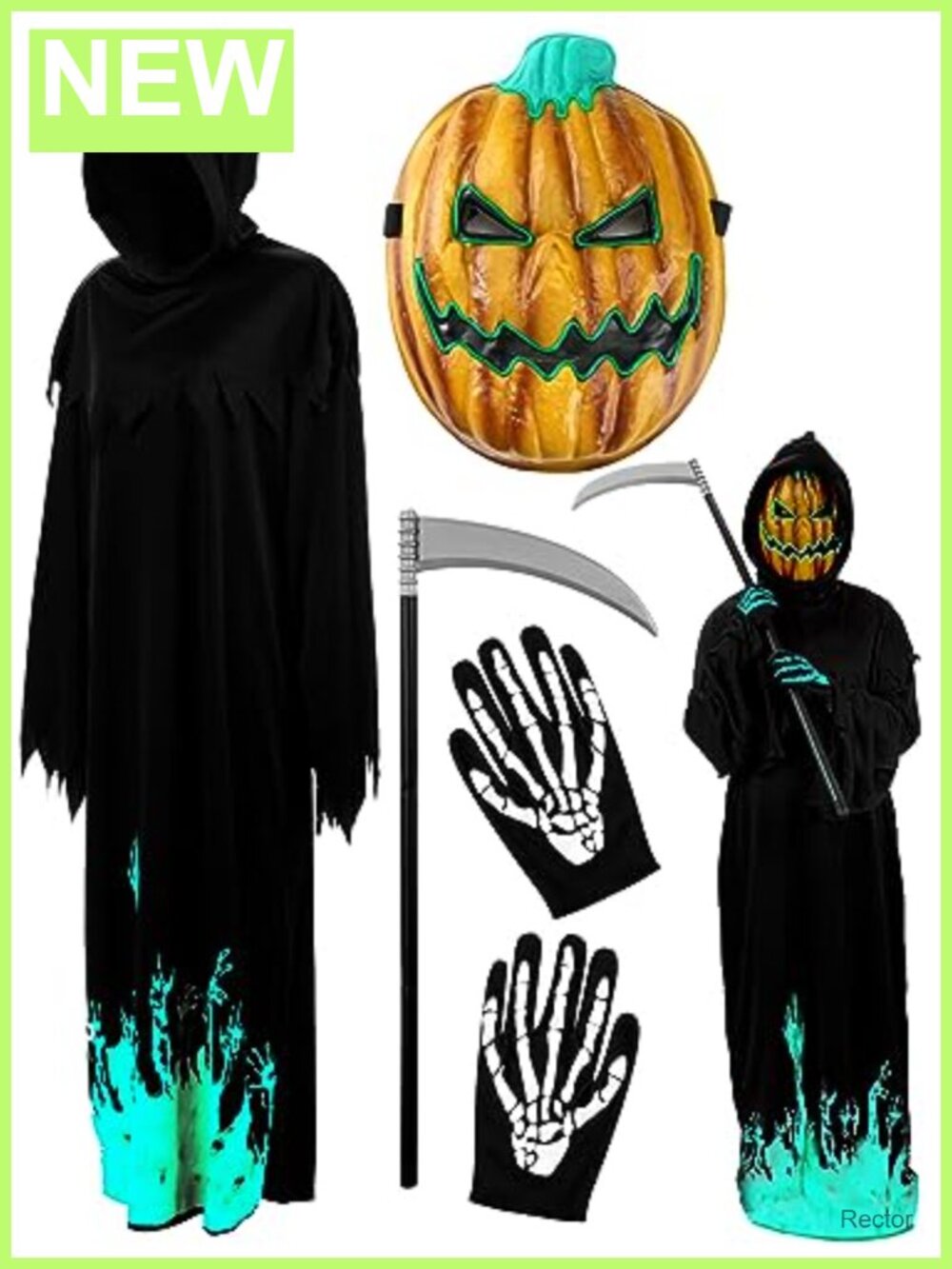 Grim Reaper Costume Set Robe Hooded Scythe Gloves Light Up Pumpkin Mask